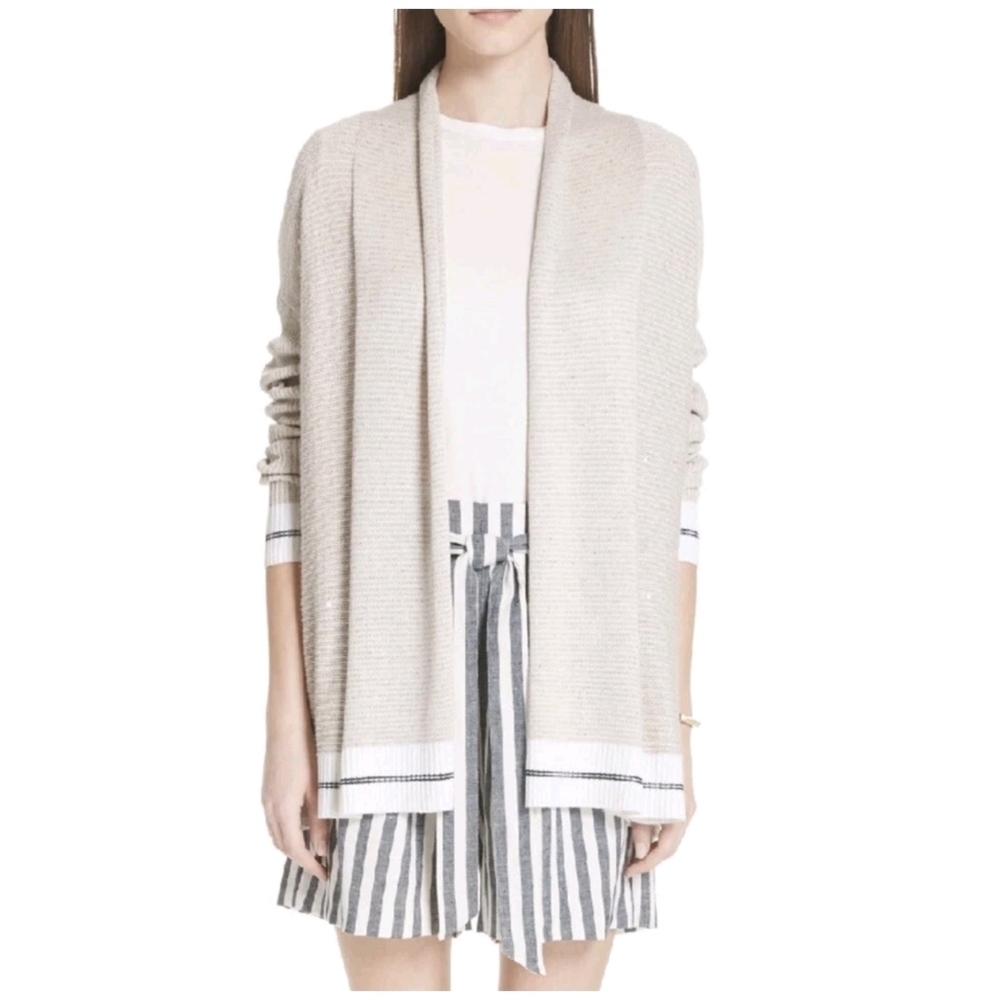 ST JOHN Sequin Jacquard Knit Open Shawl Cardigan in Taupe Melange
